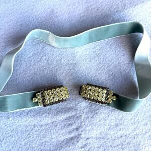 Exquisite J vintage inspired belt - rhinestone buckle velvet stretch teal size S